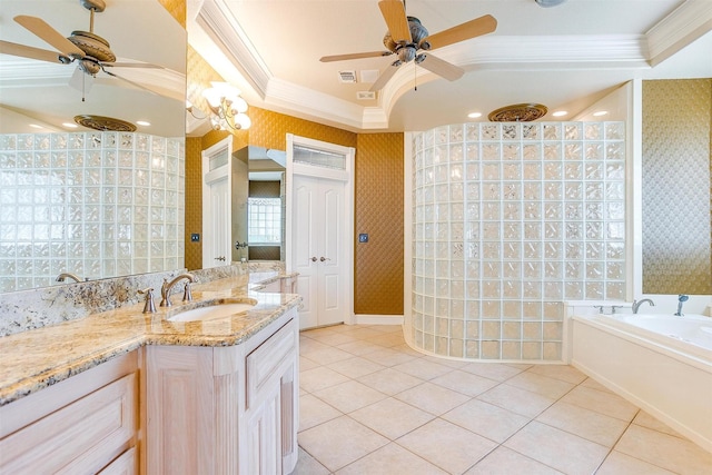 bathroom featuring crown molding, ceiling fan, walk in shower, and wallpapered walls