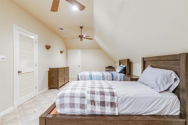 bedroom featuring a ceiling fan, baseboards, vaulted ceiling, and visible vents