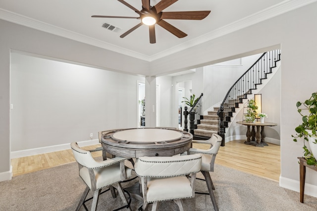 7913 Craftsbury Ln, Mckinney, TX 75071 - workout area featuring carpet flooring, ornamental molding, a ceiling fan, and baseboards