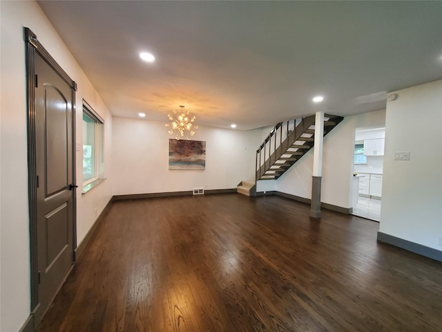 interior space with stairs, dark wood-style flooring, baseboards, recessed lighting, and a chandelier