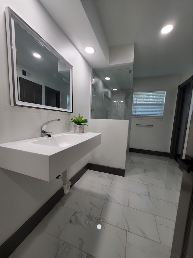 bathroom with visible vents, marble finish floor, baseboards, walk in shower, and recessed lighting