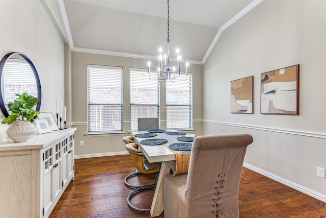 4001 Bamberg Ln, Fort Worth, TX 76244 - dining room featuring an inviting chandelier, ornamental molding, vaulted ceiling, and dark wood-type flooring