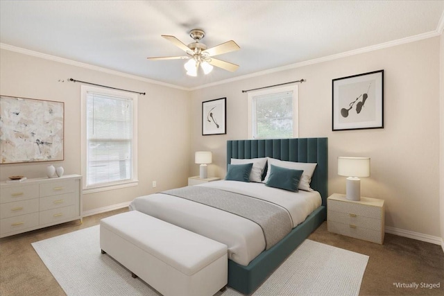 bedroom featuring baseboards, ornamental molding, carpet floors, and multiple windows