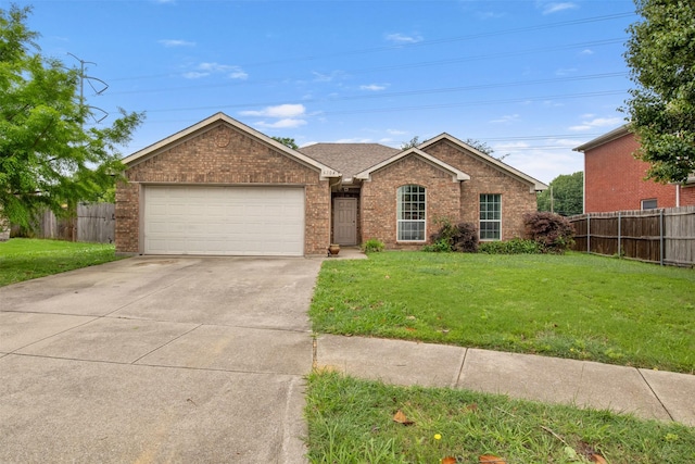 single story home with fence, a front yard, brick siding, concrete driveway, and an attached garage