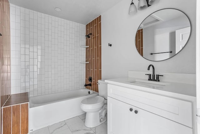full bathroom with vanity, toilet, marble finish floor, and bathtub / shower combination