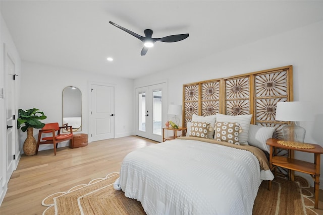 bedroom with access to exterior, baseboards, ceiling fan, recessed lighting, and light wood finished floors