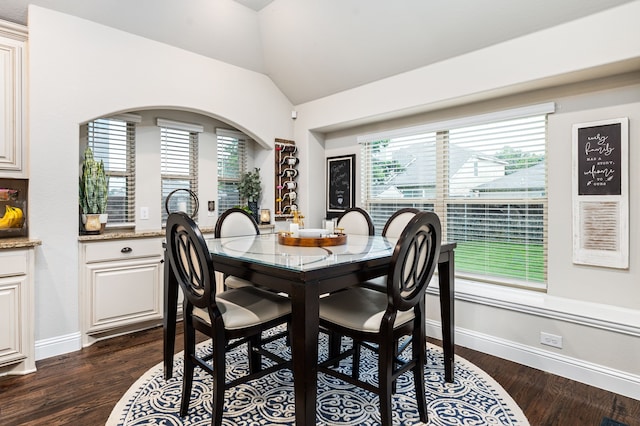 1617 Mack Ln, Little Elm, TX 75068 - dining space featuring vaulted ceiling, dark wood finished floors, and baseboards