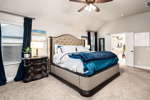 1617 Mack Ln, Little Elm, TX 75068 - carpeted bedroom featuring lofted ceiling, baseboards, a ceiling fan, and ensuite bath