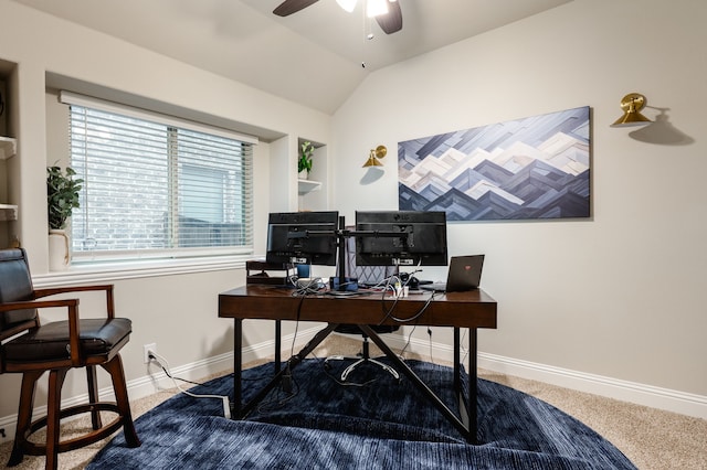 1617 Mack Ln, Little Elm, TX 75068 - office space with a ceiling fan, baseboards, lofted ceiling, and carpet flooring