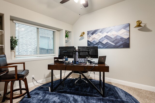 1617 Mack Ln, Little Elm, TX 75068 - office space with a ceiling fan, baseboards, lofted ceiling, and carpet flooring