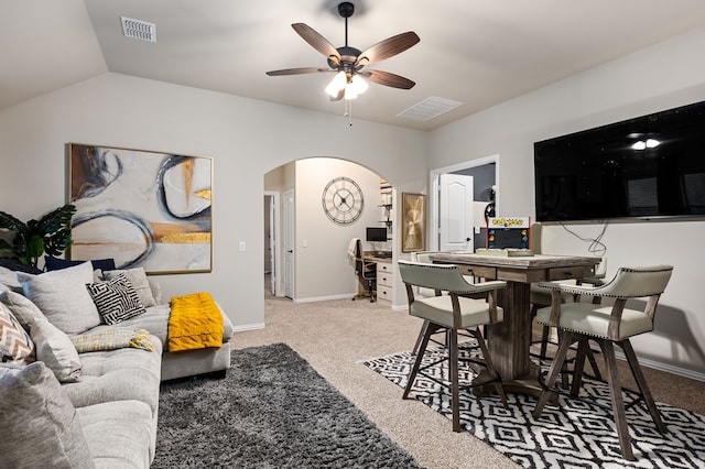 1617 Mack Ln, Little Elm, TX 75068 - carpeted living area with arched walkways, baseboards, ceiling fan, lofted ceiling, and an office area