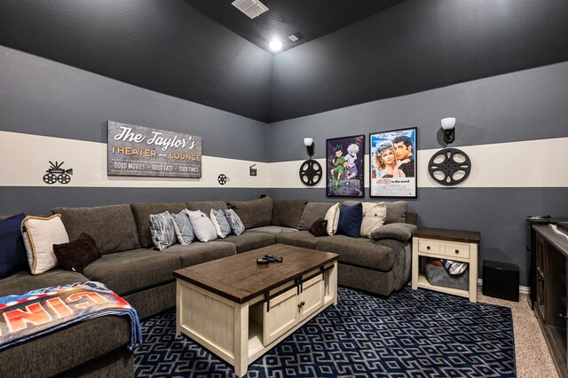 1617 Mack Ln, Little Elm, TX 75068 - living room featuring dark colored carpet and vaulted ceiling