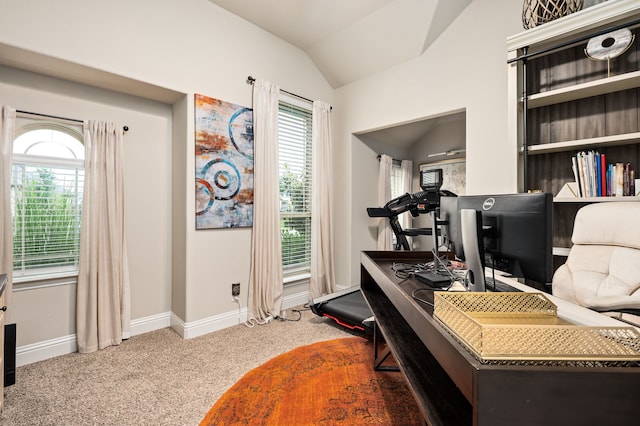 1617 Mack Ln, Little Elm, TX 75068 - office area featuring vaulted ceiling, plenty of natural light, carpet, and baseboards