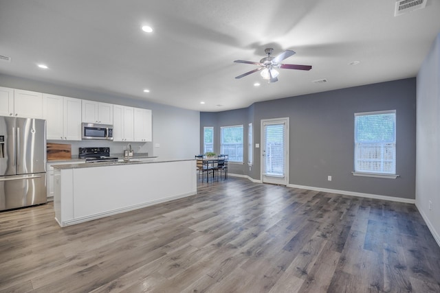 2801 17th St, Fort Worth, TX 76106 - kitchen featuring stainless steel appliances, open floor plan, a ceiling fan, baseboards, and visible vents