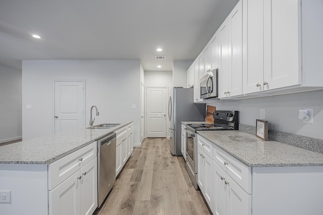 2801 17th St, Fort Worth, TX 76106 - kitchen with a kitchen island with sink, appliances with stainless steel finishes, a sink, white cabinets, and recessed lighting