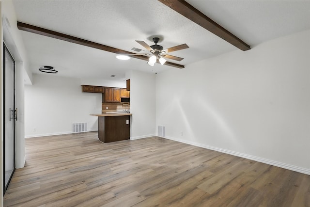 1038 Oak Hurst Dr, Grapevine, TX 76051 - unfurnished living room with a ceiling fan, light wood-style floors, beamed ceiling, and baseboards