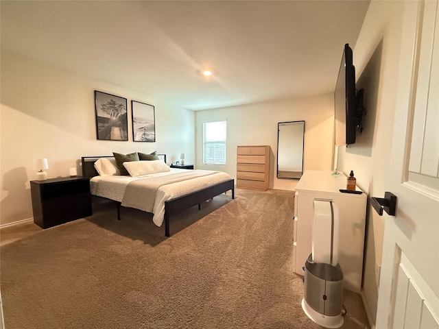 carpeted bedroom with baseboards and recessed lighting