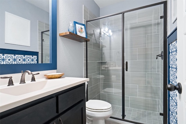 1500 Ranger Rd, Aubrey, TX 76227 - bathroom featuring a textured wall, a shower stall, toilet, and vanity
