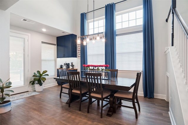1500 Ranger Rd, Aubrey, TX 76227 - dining space with stairs, dark wood-style floors, baseboards, and recessed lighting