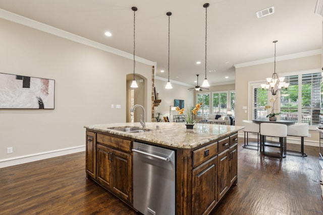 5924 Heron Bay Ln, Mckinney, TX 75070 - kitchen featuring visible vents, dark wood-style flooring, a center island with sink, a sink, and dishwasher