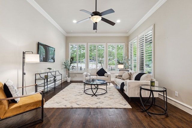 5924 Heron Bay Ln, Mckinney, TX 75070 - living room featuring dark wood finished floors, a ceiling fan, baseboards, ornamental molding, and recessed lighting