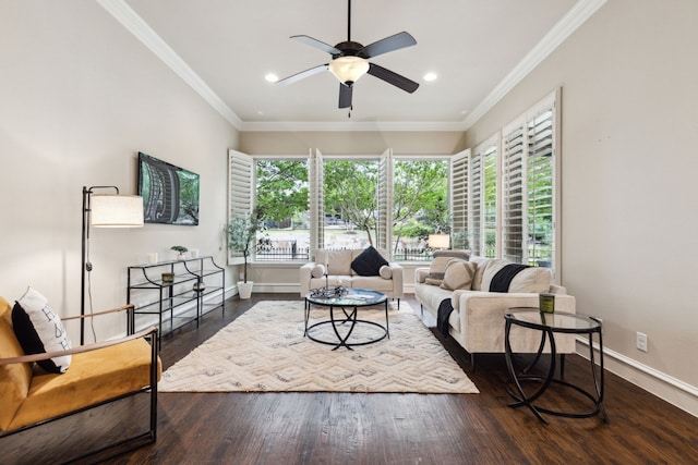 5924 Heron Bay Ln, Mckinney, TX 75070 - living room with crown molding, a ceiling fan, baseboards, recessed lighting, and wood finished floors