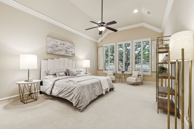 5924 Heron Bay Ln, Mckinney, TX 75070 - bedroom featuring light colored carpet, crown molding, baseboards, lofted ceiling, and recessed lighting