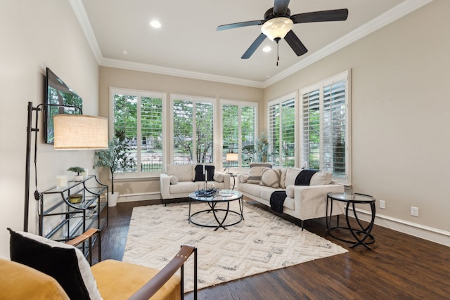 5924 Heron Bay Ln, Mckinney, TX 75070 - living room featuring baseboards, ornamental molding, wood finished floors, and a healthy amount of sunlight