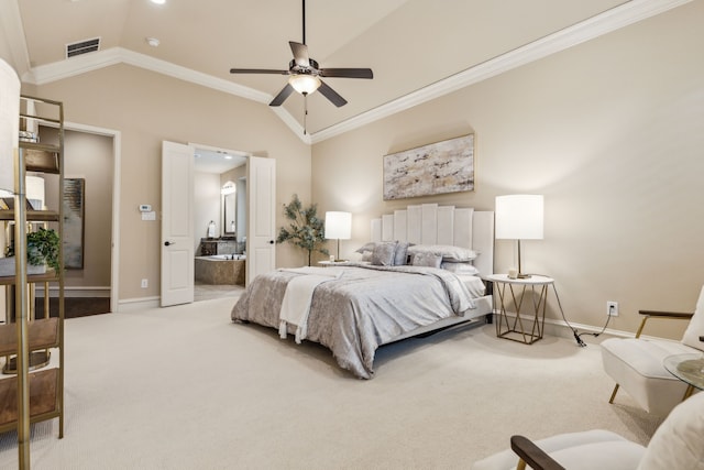 5924 Heron Bay Ln, Mckinney, TX 75070 - carpeted bedroom featuring baseboards, ornamental molding, vaulted ceiling, and visible vents