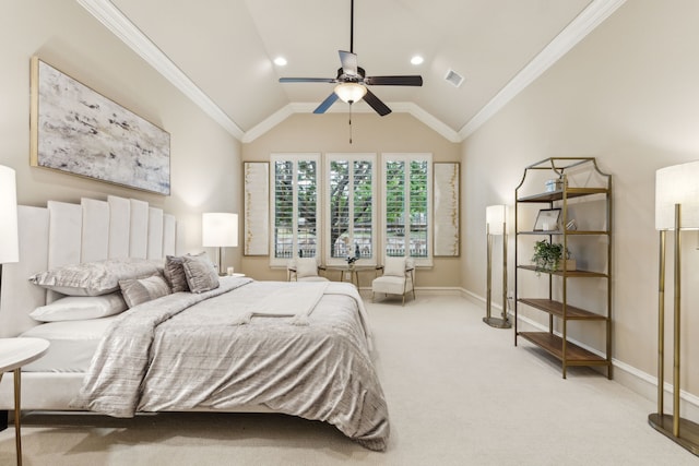 5924 Heron Bay Ln, Mckinney, TX 75070 - bedroom featuring light carpet, ornamental molding, baseboards, recessed lighting, and lofted ceiling
