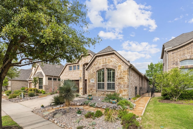 5924 Heron Bay Ln, Mckinney, TX 75070 - view of front facade featuring a garage, fence, a front yard, stone siding, and concrete driveway