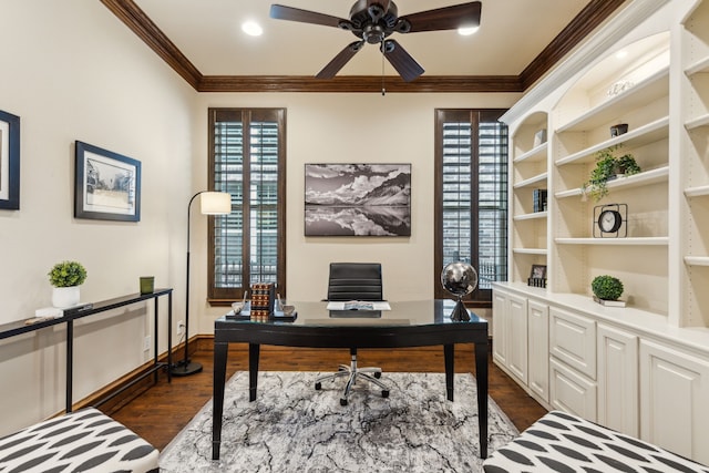 5924 Heron Bay Ln, Mckinney, TX 75070 - office area with ceiling fan, crown molding, dark wood finished floors, and baseboards