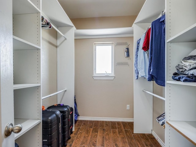 spacious closet with dark wood-style floors