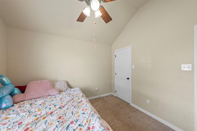 bedroom with carpet floors, a ceiling fan, baseboards, and lofted ceiling