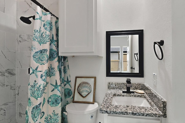 full bath featuring a shower with shower curtain, toilet, and a sink