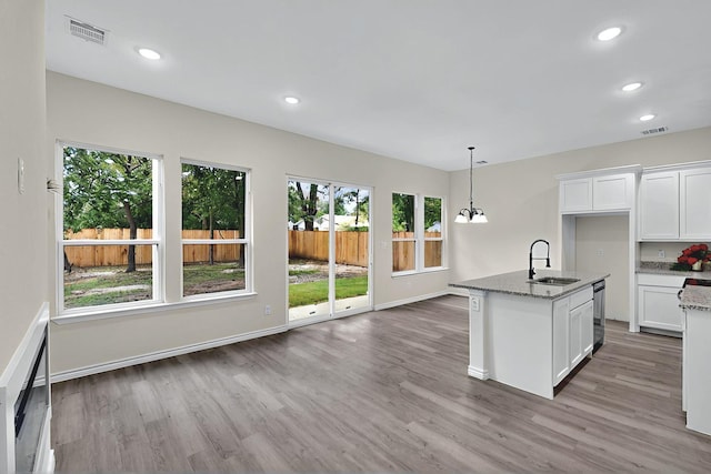 kitchen with visible vents, light stone countertops, wood finished floors, a sink, and white cabinets
