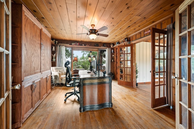 8121 Cahoba Dr, Fort Worth, TX 76135 - home office featuring french doors, light wood finished floors, ceiling fan, wood ceiling, and wood walls