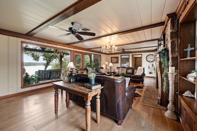 8121 Cahoba Dr, Fort Worth, TX 76135 - living area featuring a ceiling fan, hardwood / wood-style flooring, beamed ceiling, a water view, and wooden ceiling