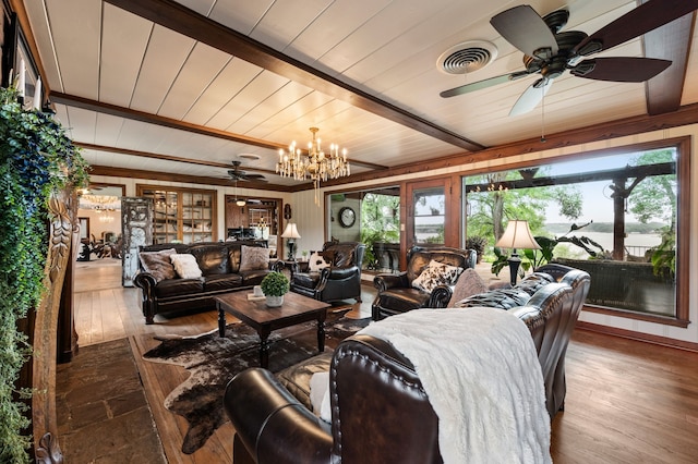 8121 Cahoba Dr, Fort Worth, TX 76135 - living room featuring a ceiling fan, a chandelier, wood ceiling, wood finished floors, and beamed ceiling