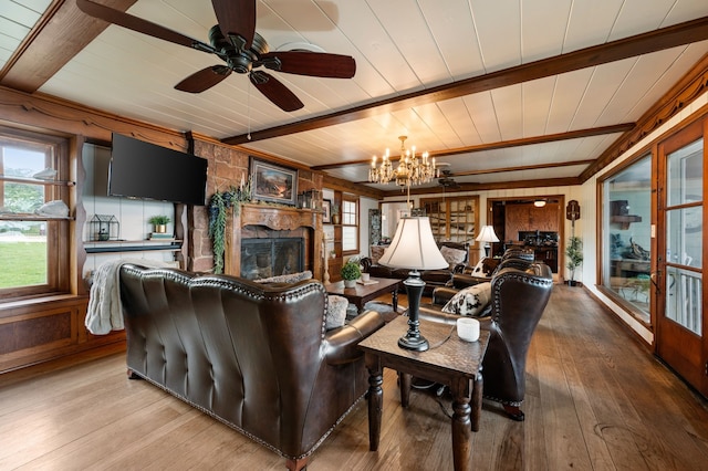 8121 Cahoba Dr, Fort Worth, TX 76135 - living area featuring hardwood / wood-style flooring, wood ceiling, a fireplace, beamed ceiling, and a chandelier