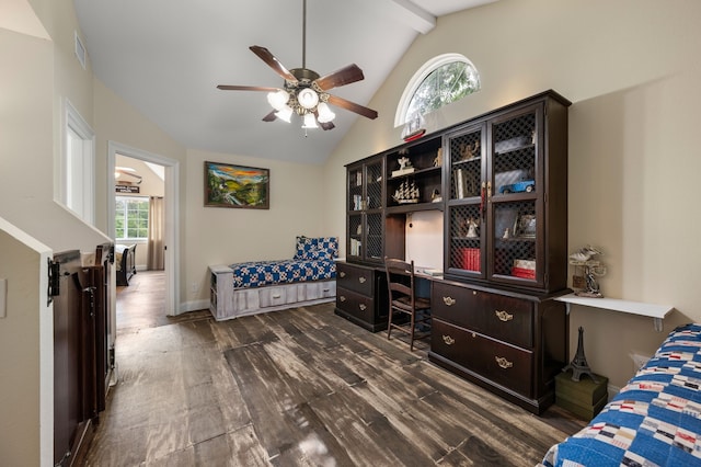8121 Cahoba Dr, Fort Worth, TX 76135 - bedroom featuring an office area, dark wood-style floors, a ceiling fan, beam ceiling, and high vaulted ceiling