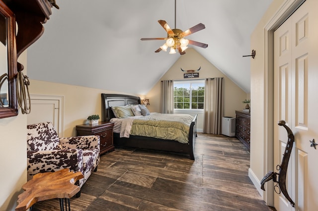 8121 Cahoba Dr, Fort Worth, TX 76135 - bedroom featuring dark wood finished floors, lofted ceiling, and a ceiling fan