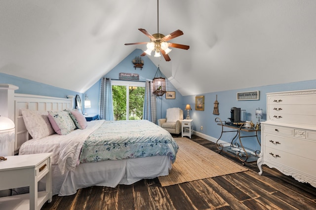 8121 Cahoba Dr, Fort Worth, TX 76135 - bedroom featuring dark wood finished floors, vaulted ceiling, a ceiling fan, and baseboards