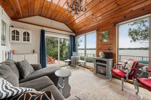 8121 Cahoba Dr, Fort Worth, TX 76135 - sunroom with vaulted ceiling, a water view, and a chandelier