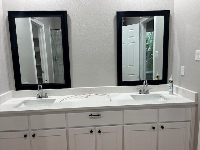bathroom with double vanity, a sink, and a shower