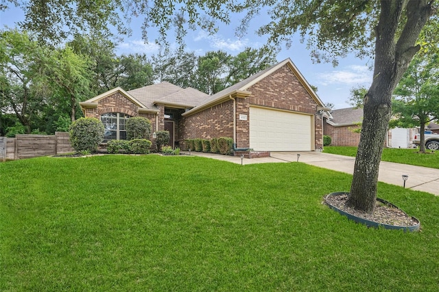 452 Northbrook Ave, Oak Point, TX 75068 - ranch-style house featuring fence, a front lawn, brick siding, a garage, and driveway