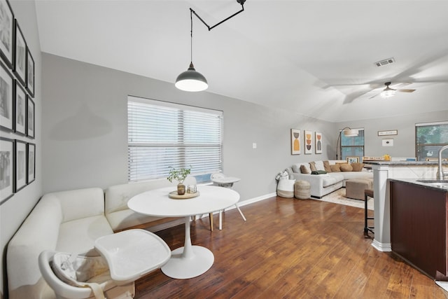 452 Northbrook Ave, Oak Point, TX 75068 - dining area featuring baseboards, a ceiling fan, dark wood-style floors, and visible vents