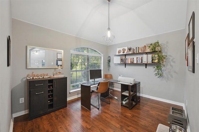 452 Northbrook Ave, Oak Point, TX 75068 - home office with baseboards, dark wood finished floors, and vaulted ceiling