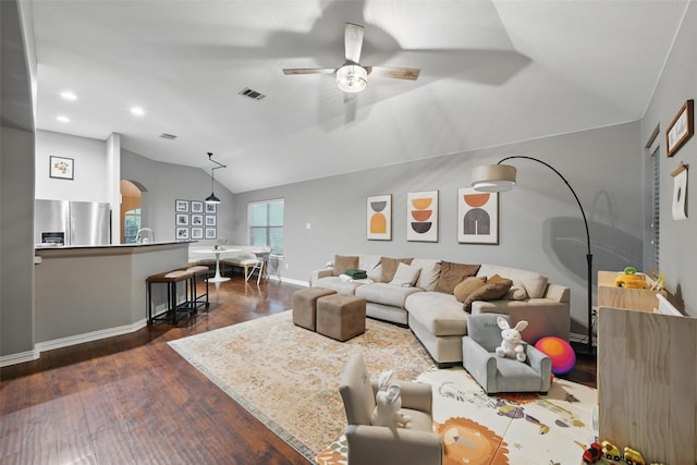 452 Northbrook Ave, Oak Point, TX 75068 - living room featuring a ceiling fan, visible vents, arched walkways, baseboards, and lofted ceiling