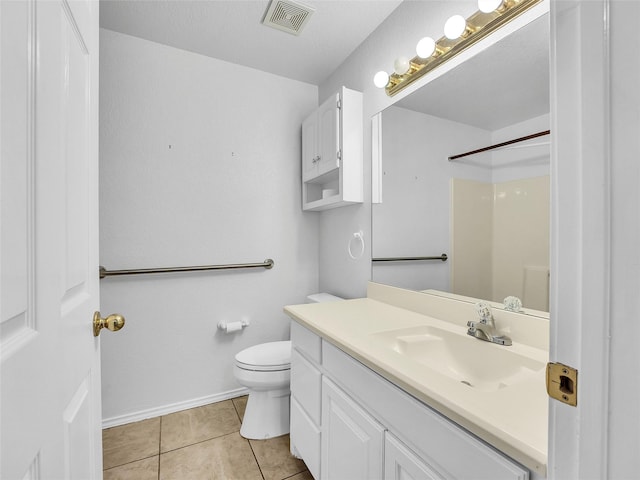 bathroom featuring tile patterned flooring, vanity, toilet, a shower, and visible vents